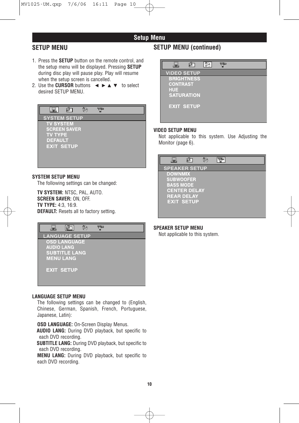 Setup menu setup menu, Setup menu (continued) | Magnadyne MV1025 User Manual | Page 10 / 16