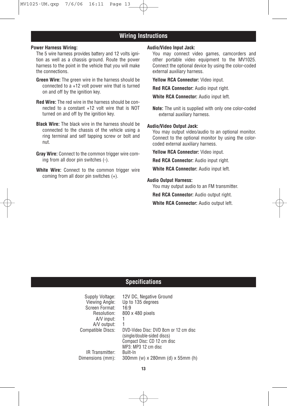 Wiring instructions specifications | Magnadyne MV1025 User Manual | Page 13 / 16