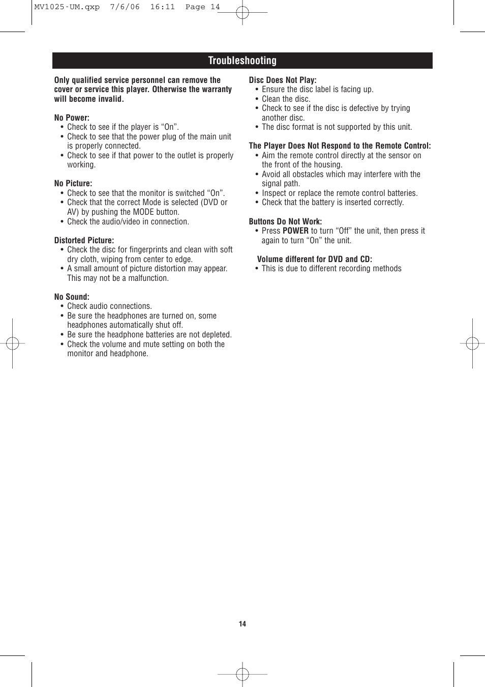 Troubleshooting | Magnadyne MV1025 User Manual | Page 14 / 16