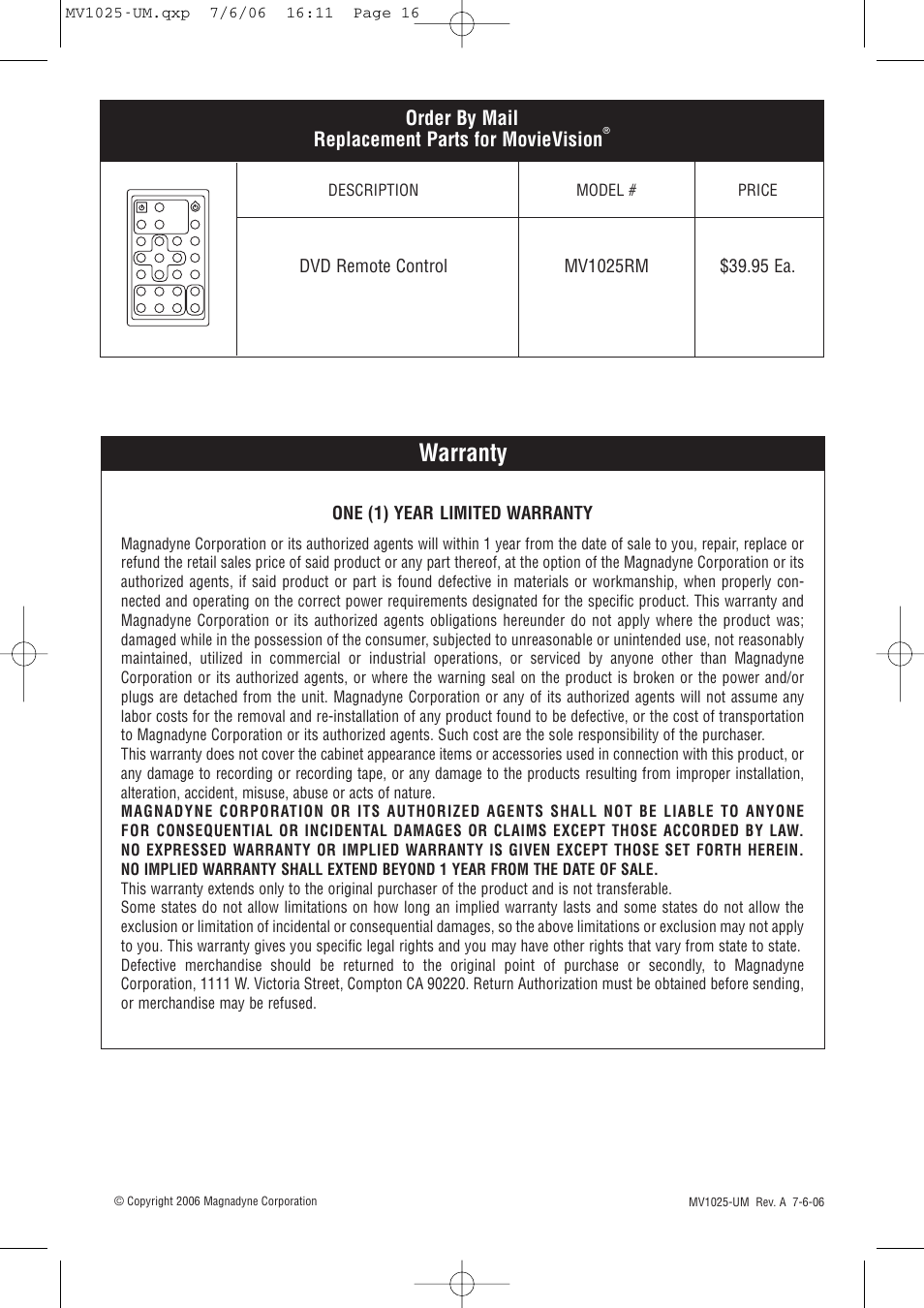 Warranty, Movievision replacement parts, Order by mail replacement parts for movievision | Magnadyne MV1025 User Manual | Page 16 / 16