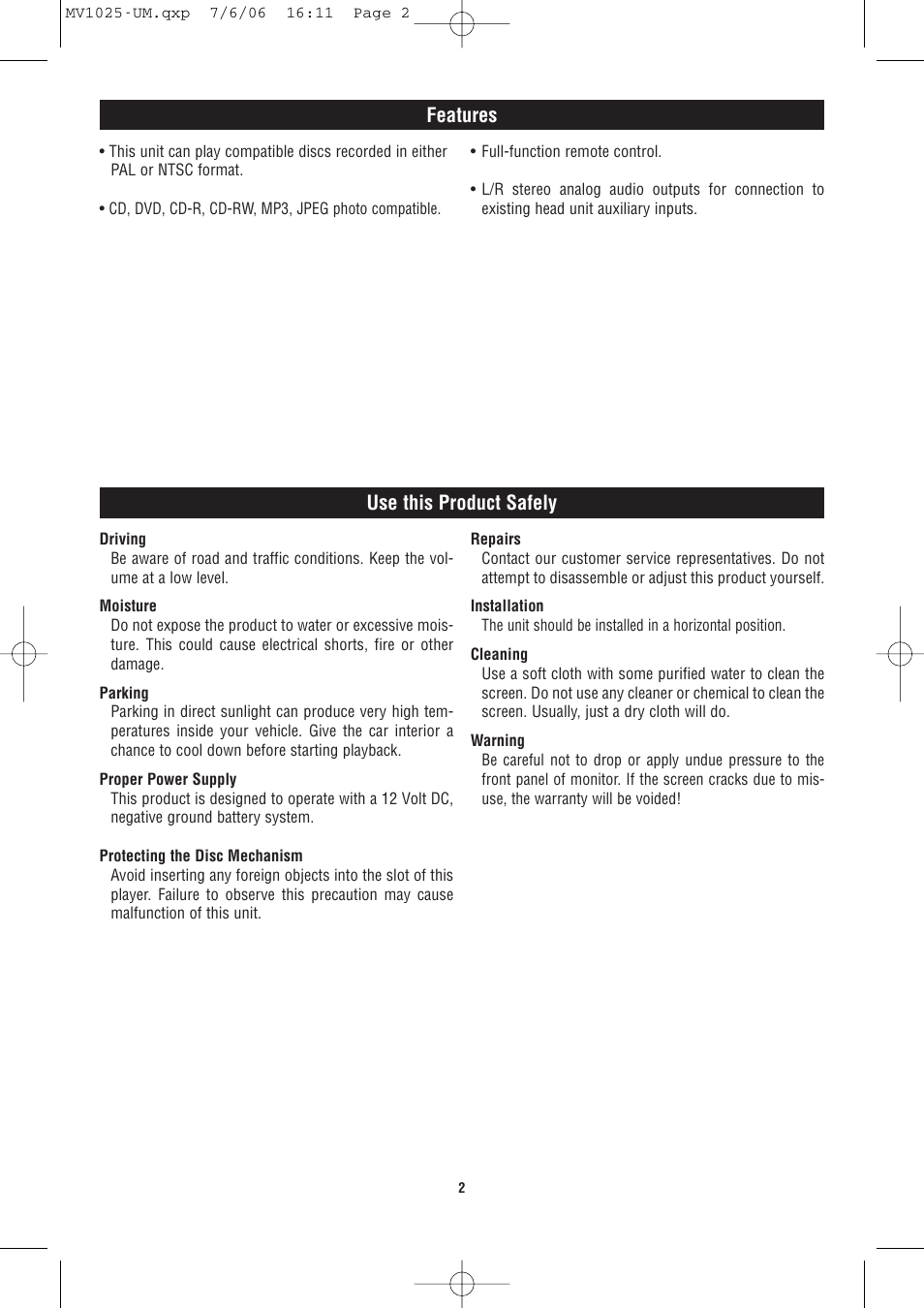 Features, Use this product safely | Magnadyne MV1025 User Manual | Page 2 / 16
