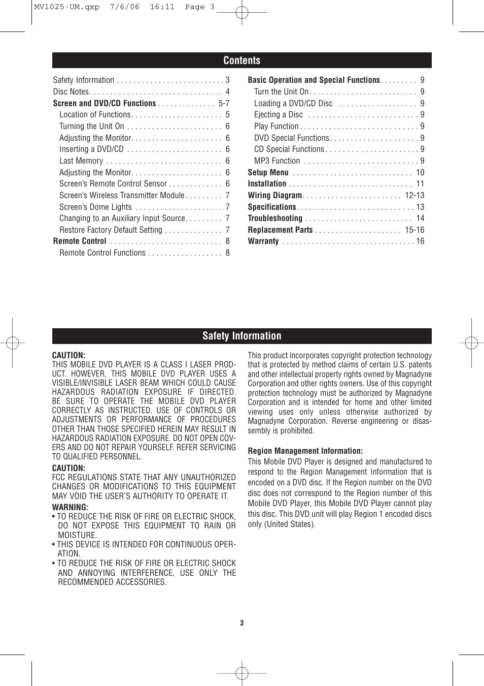Contents safety information | Magnadyne MV1025 User Manual | Page 3 / 16