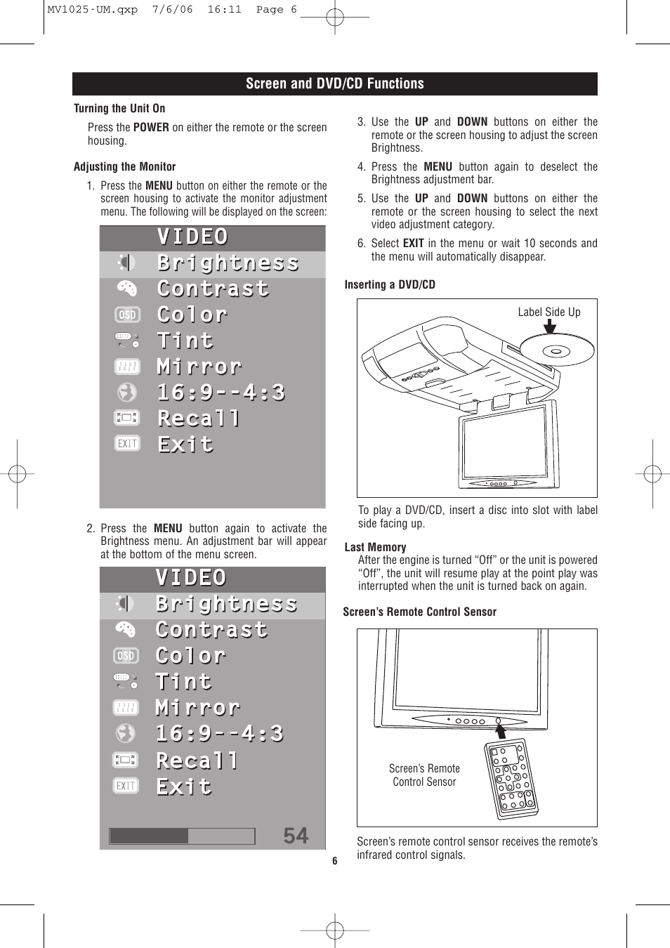 Screen and dvd/cd functions | Magnadyne MV1025 User Manual | Page 6 / 16