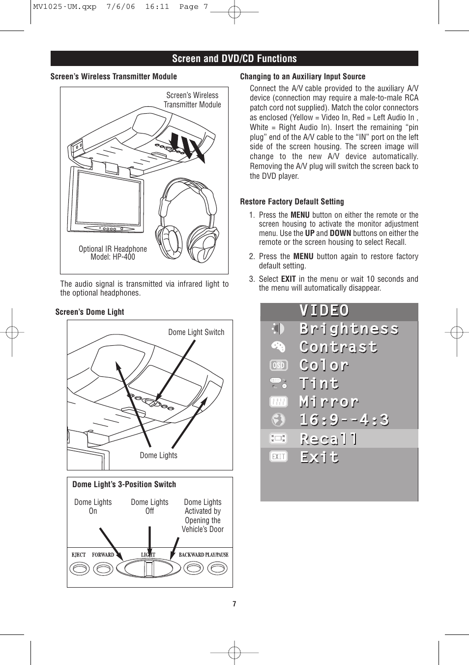 Screen and dvd/cd functions | Magnadyne MV1025 User Manual | Page 7 / 16