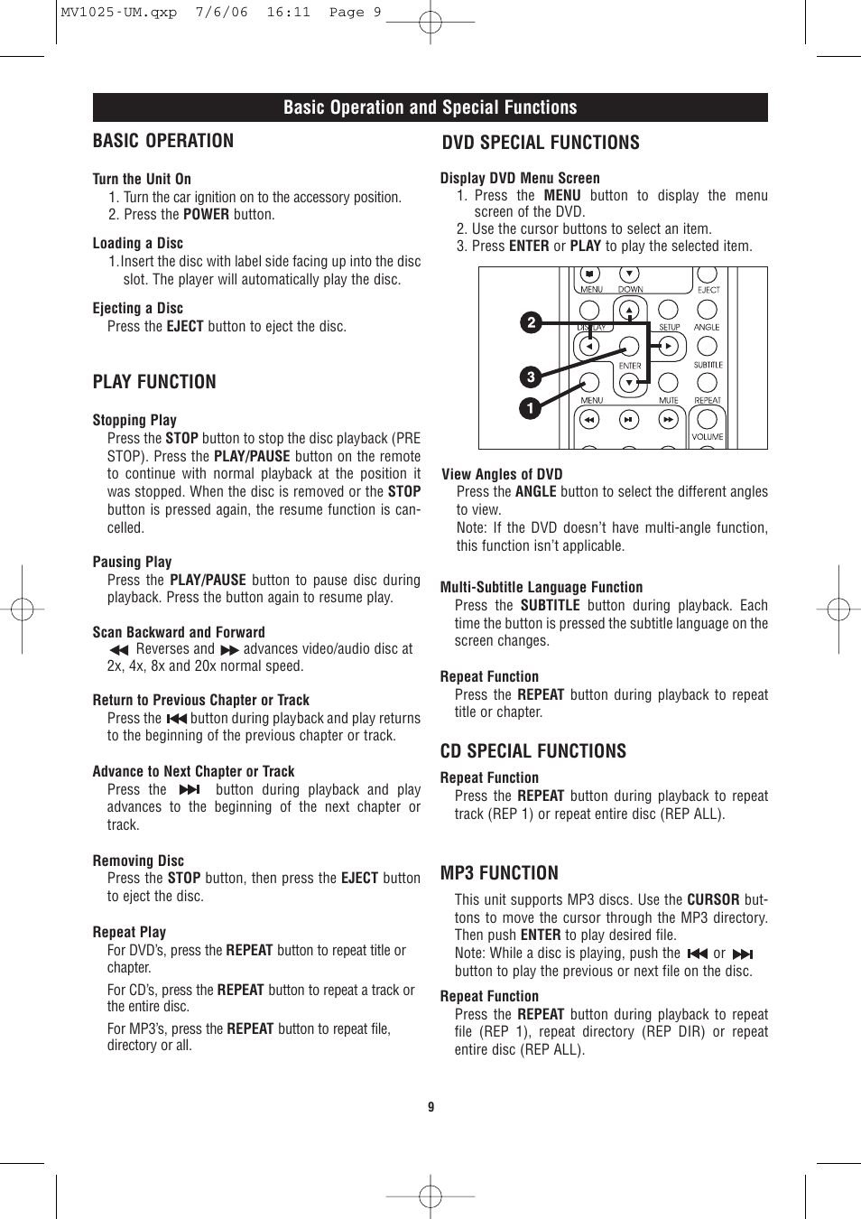Play function, Dvd special functions, Cd special functions | Mp3 function | Magnadyne MV1025 User Manual | Page 9 / 16