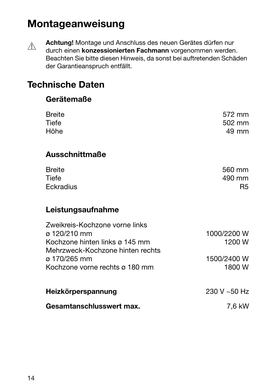 Montageanweisung, Technische daten | Electrolux EHL 6645 X User Manual | Page 14 / 104