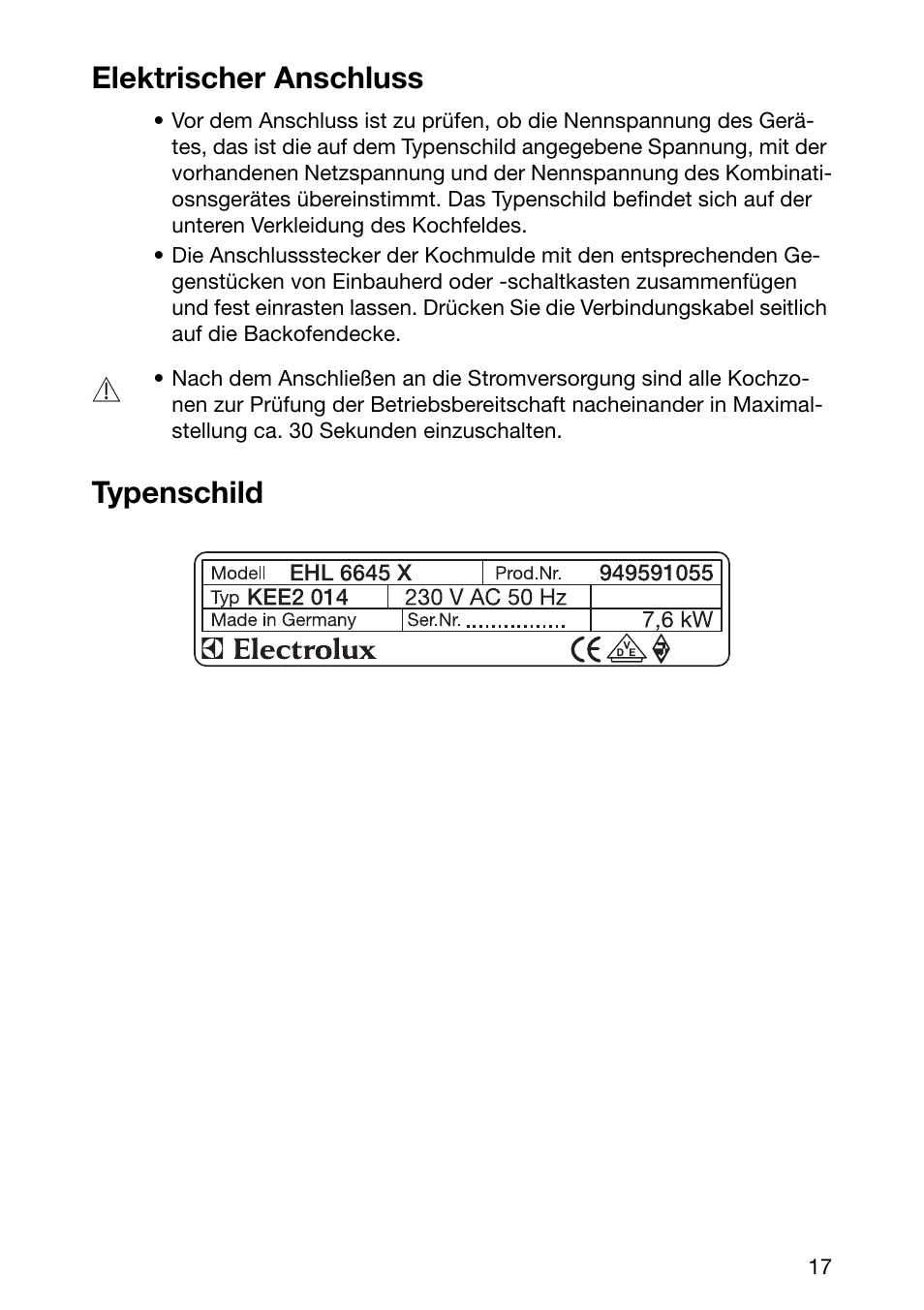 Elektrischer anschluss, Typenschild | Electrolux EHL 6645 X User Manual | Page 17 / 104