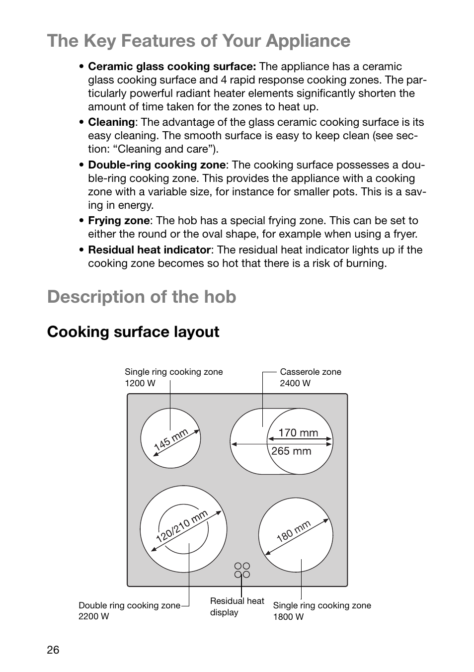 The key features of your appliance appliance, Description of the hob, Cooking surface layout | Electrolux EHL 6645 X User Manual | Page 26 / 104