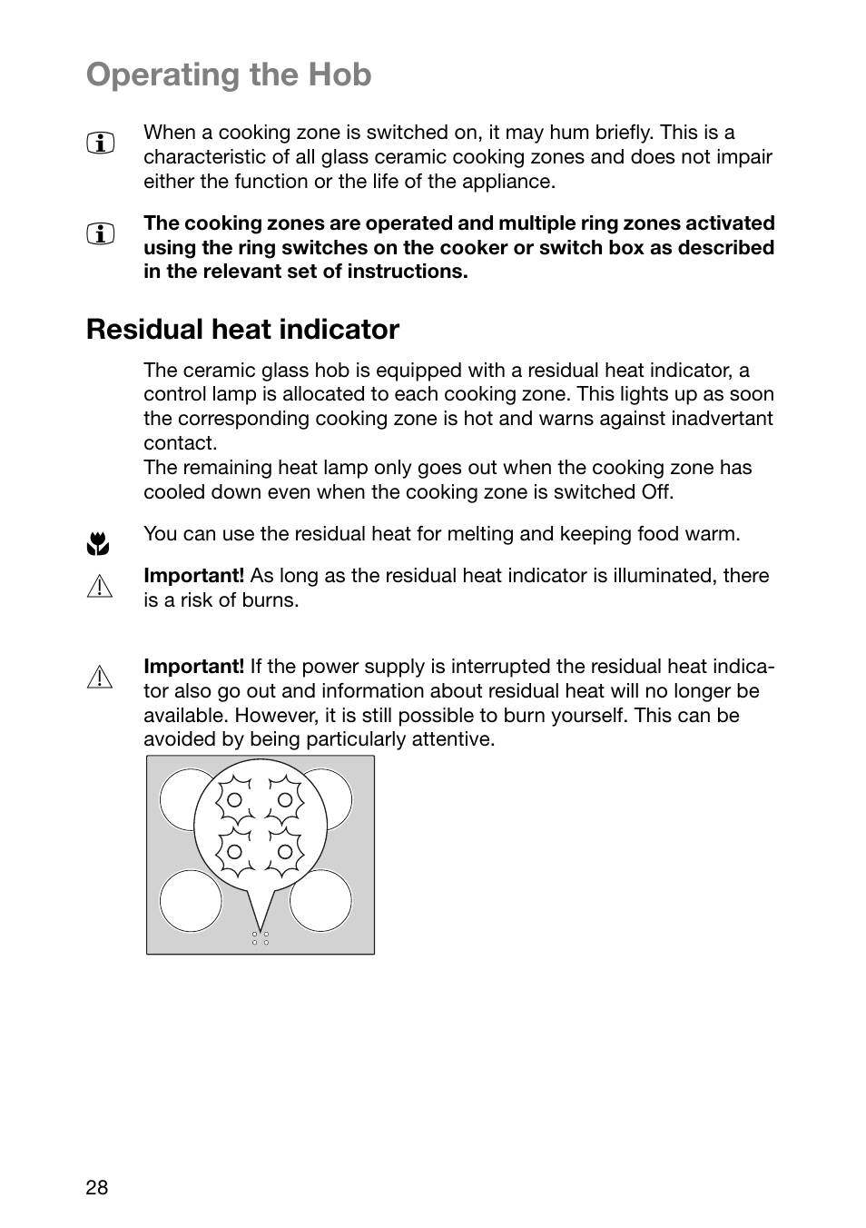 Operating the hob, Residual heat indicator | Electrolux EHL 6645 X User Manual | Page 28 / 104