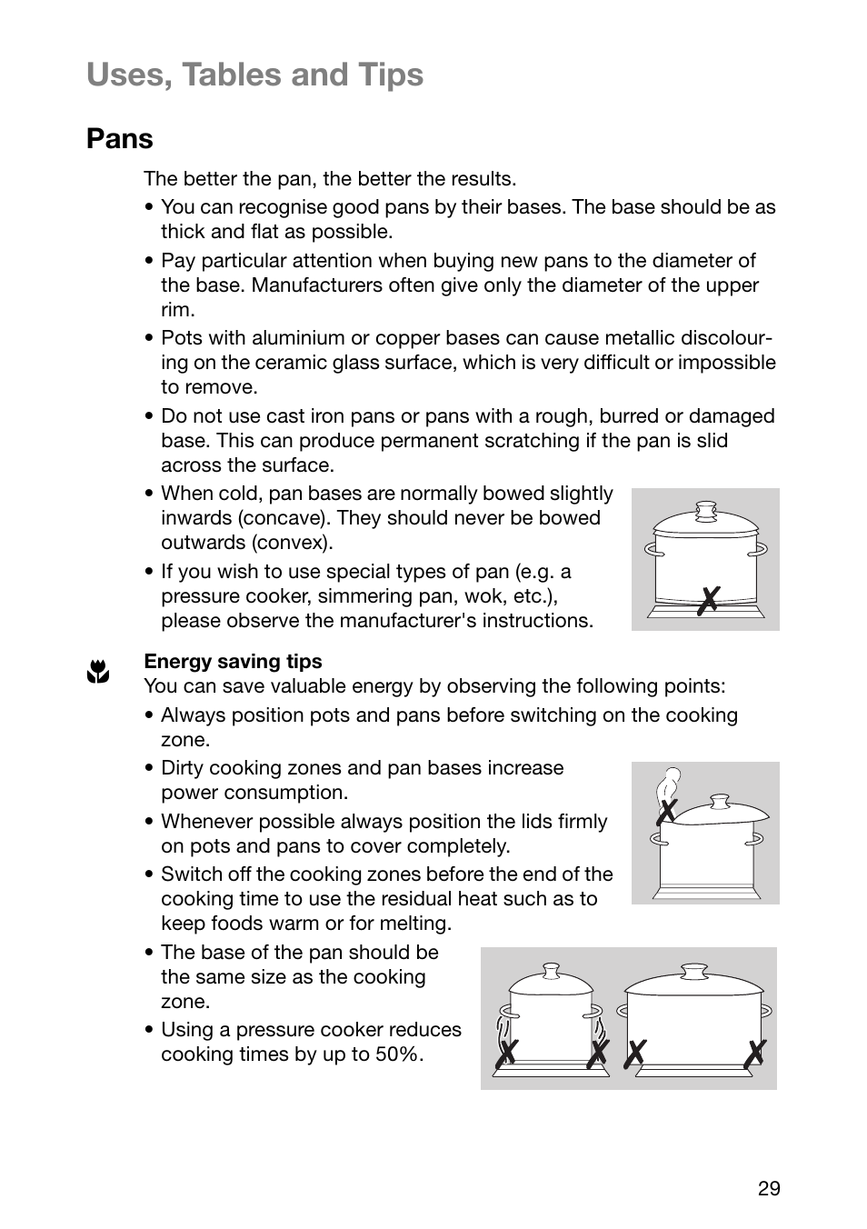 Uses, tables and tips, Pans | Electrolux EHL 6645 X User Manual | Page 29 / 104