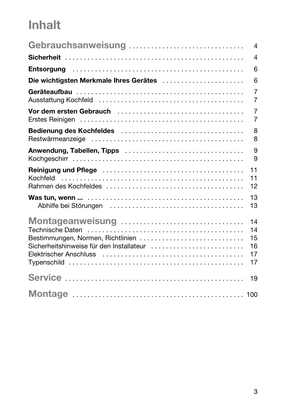 Inhalt, Gebrauchsanweisung, Montageanweisung | Service, Montage | Electrolux EHL 6645 X User Manual | Page 3 / 104