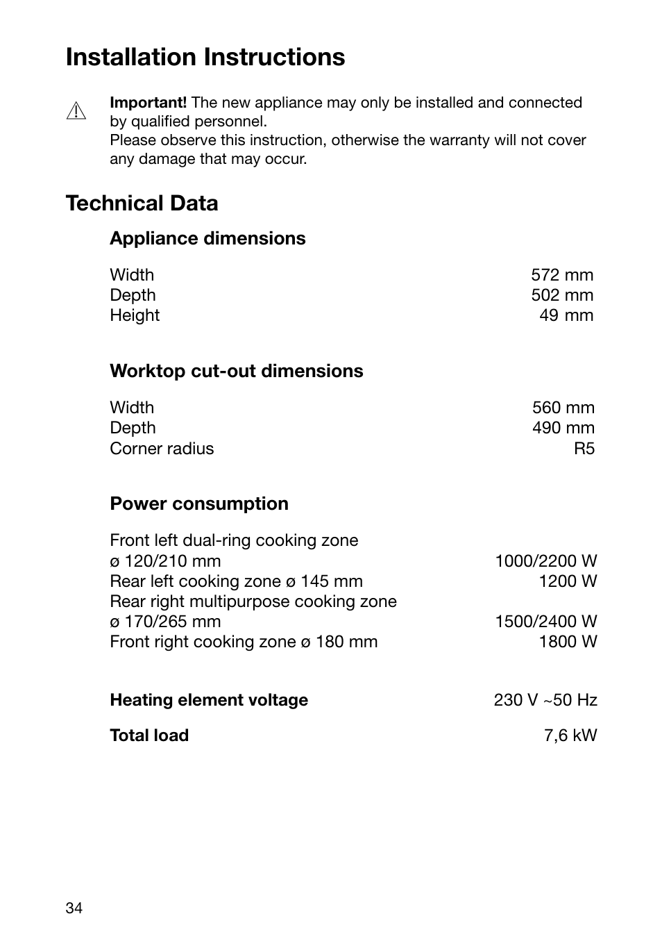 Installation instructions, Technical data | Electrolux EHL 6645 X User Manual | Page 34 / 104