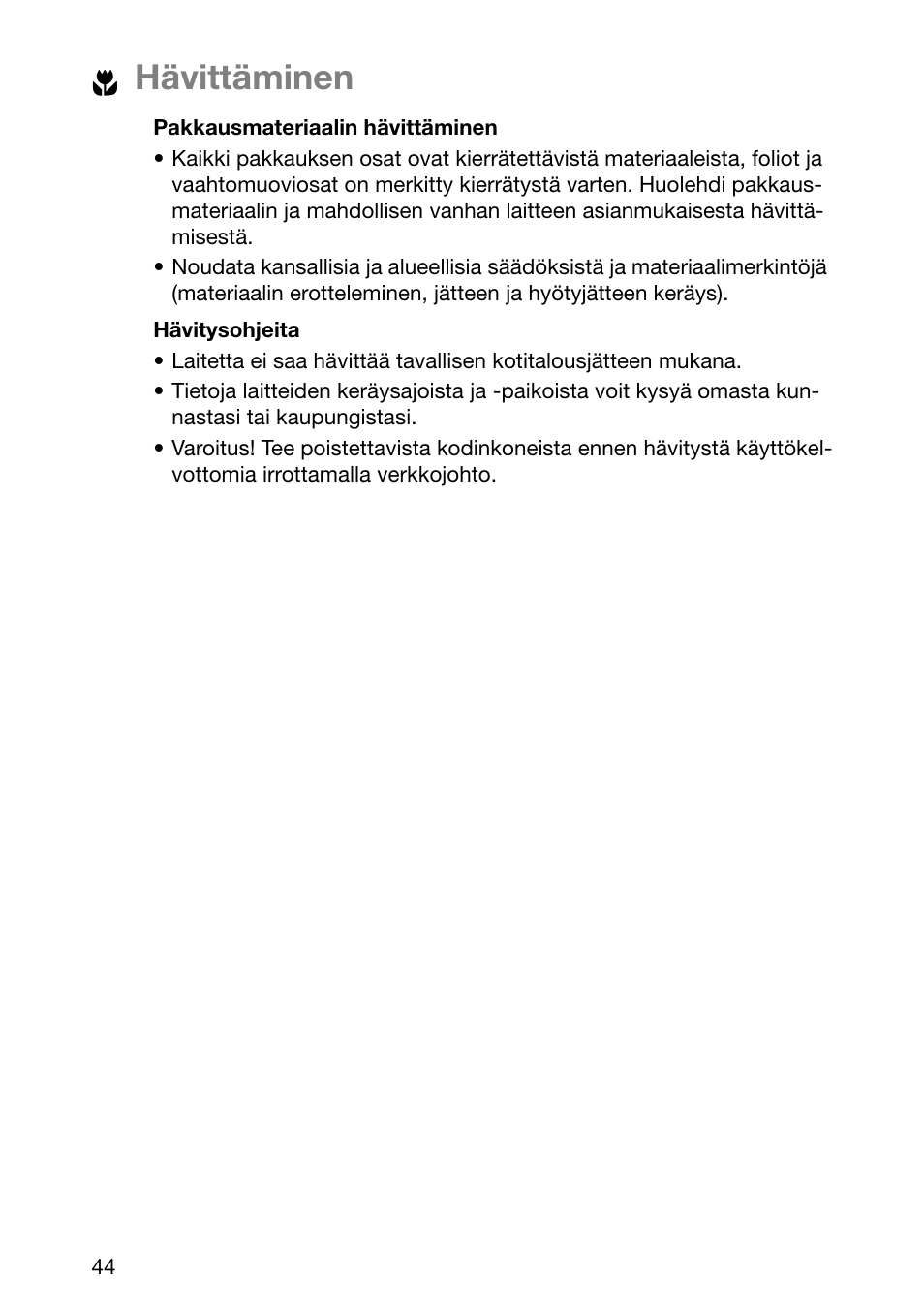 Hävittäminen | Electrolux EHL 6645 X User Manual | Page 44 / 104