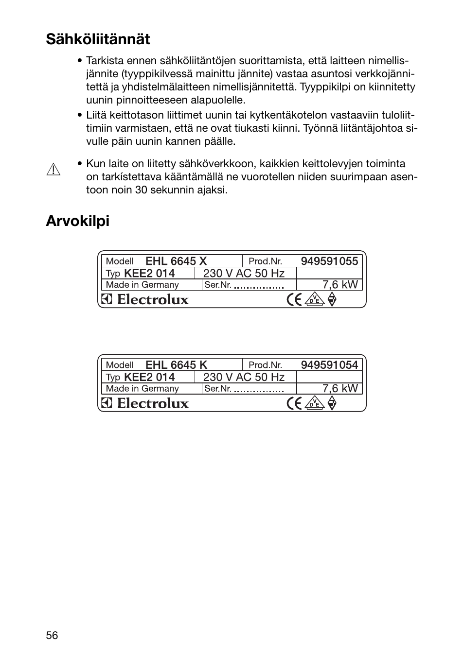 Sähköliitännät, Arvokilpi | Electrolux EHL 6645 X User Manual | Page 56 / 104