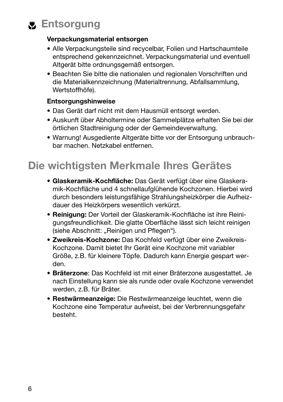 Entsorgung, Die wichtigsten merkmale ihres gerätes | Electrolux EHL 6645 X User Manual | Page 6 / 104