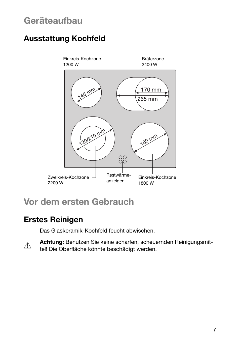 Geräteaufbau, Vor dem ersten gebrauch, Ausstattung kochfeld | Erstes reinigen | Electrolux EHL 6645 X User Manual | Page 7 / 104