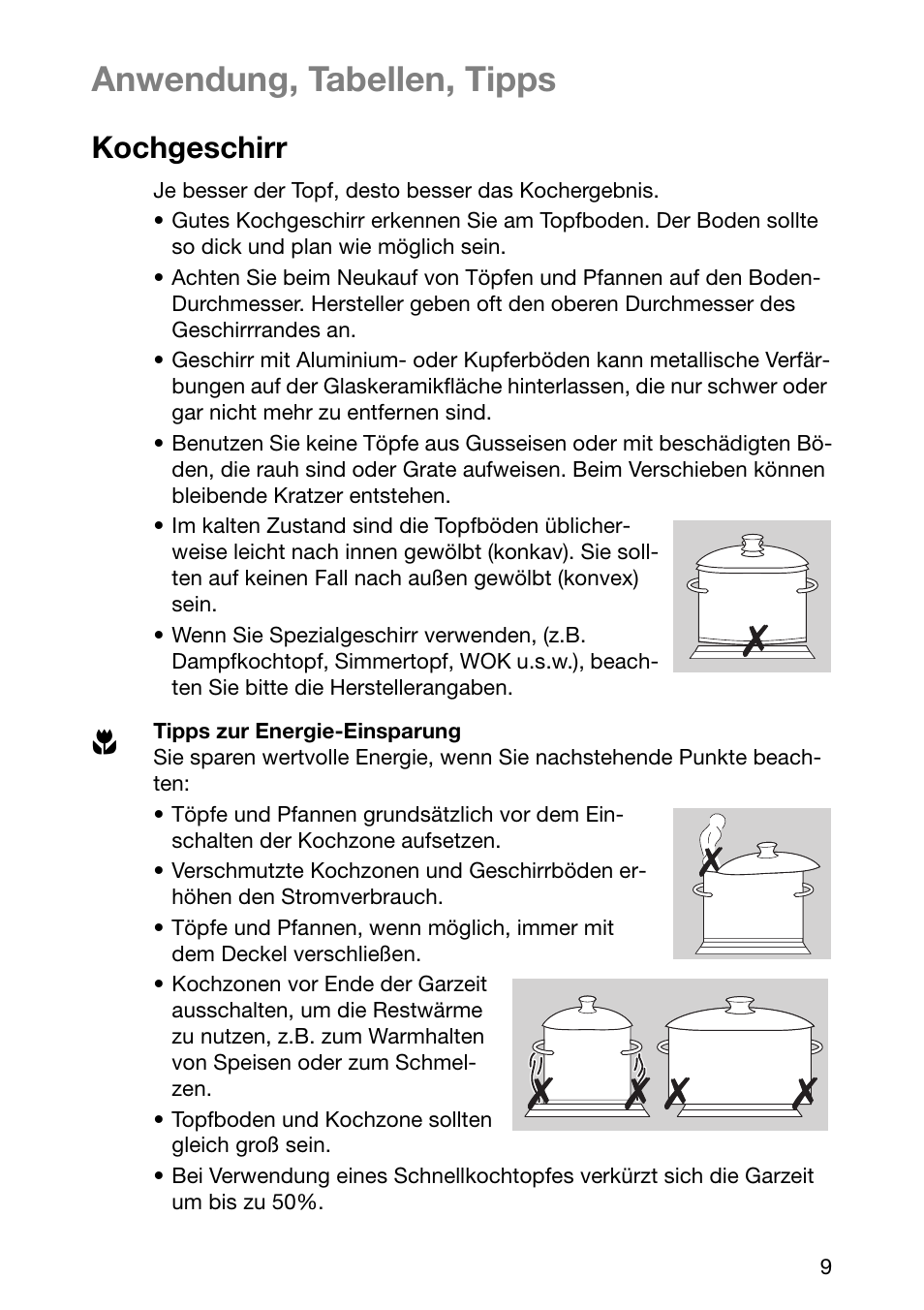 Anwendung, tabellen, tipps, Kochgeschirr | Electrolux EHL 6645 X User Manual | Page 9 / 104