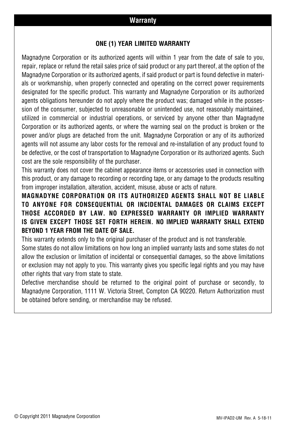 Warranty | Magnadyne MV-IPAD2 User Manual | Page 12 / 12