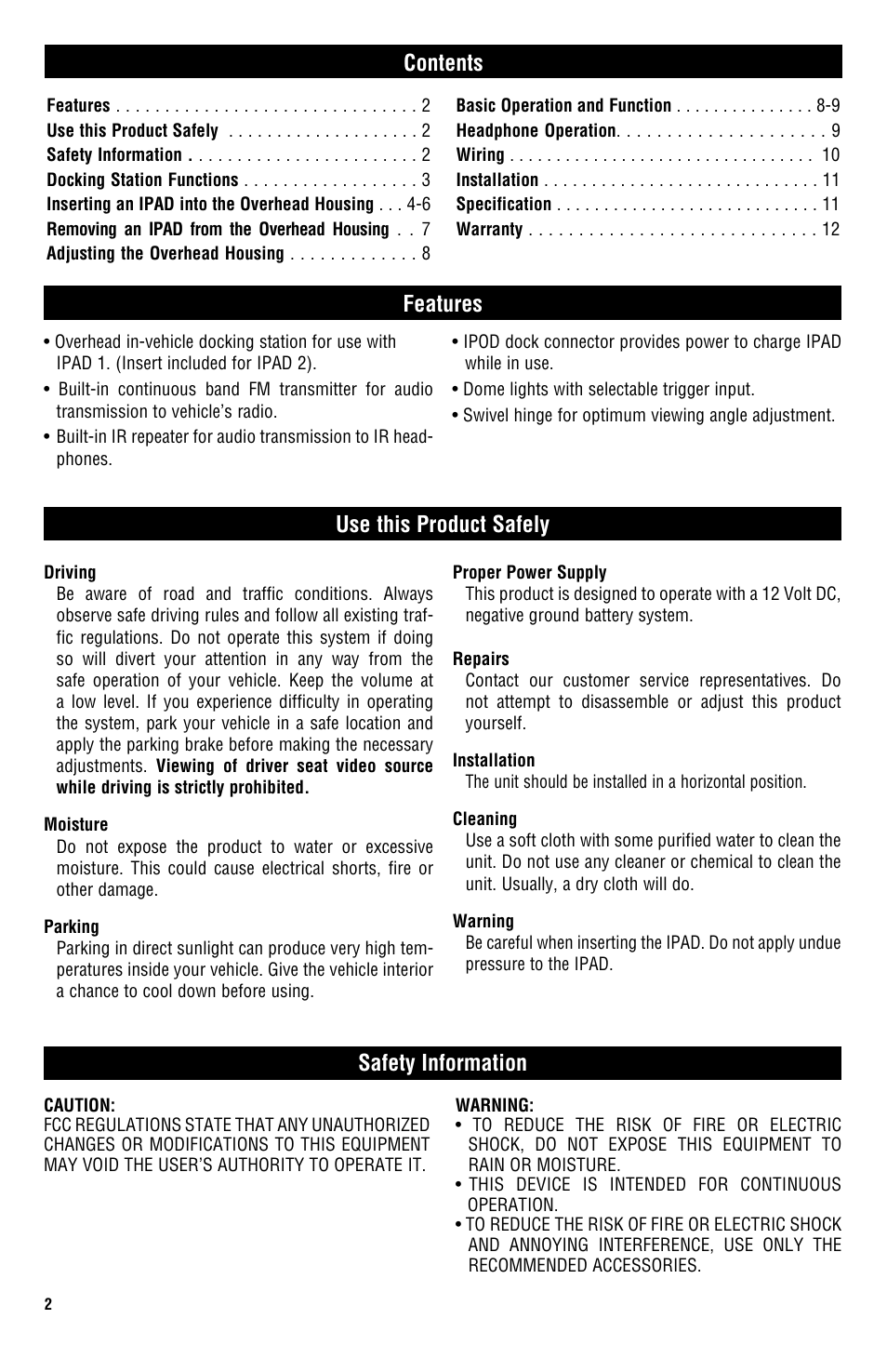 Features, Contents use this product safely, Safety information | Magnadyne MV-IPAD2 User Manual | Page 2 / 12