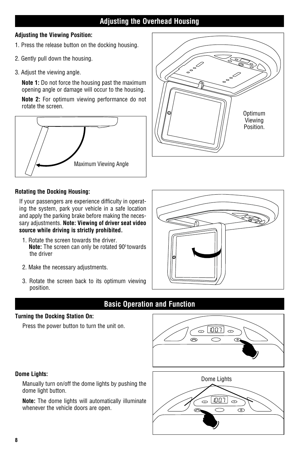 Basic operation and function, Adjusting the overhead housing | Magnadyne MV-IPAD2 User Manual | Page 8 / 12