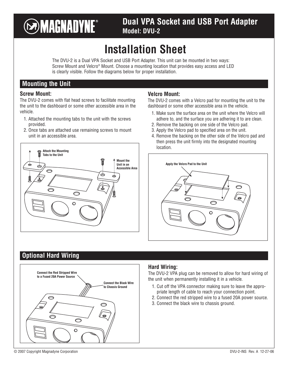 Magnadyne Dual VPA Socket and USB Port Adapter DVU-2 User Manual | 1 page