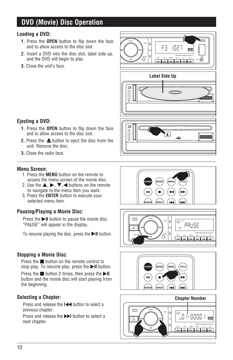 Dvd (movie) disc operation, 10 menu screen, Pausing/playing a movie disc | Selecting a chapter, Stopping a movie disc, Loading a dvd, Ejecting a dvd, Press the, Ll button, Press and release the l | Magnadyne DVD/CD Receiver with AM/FM Tuner M3500DVD User Manual | Page 10 / 20