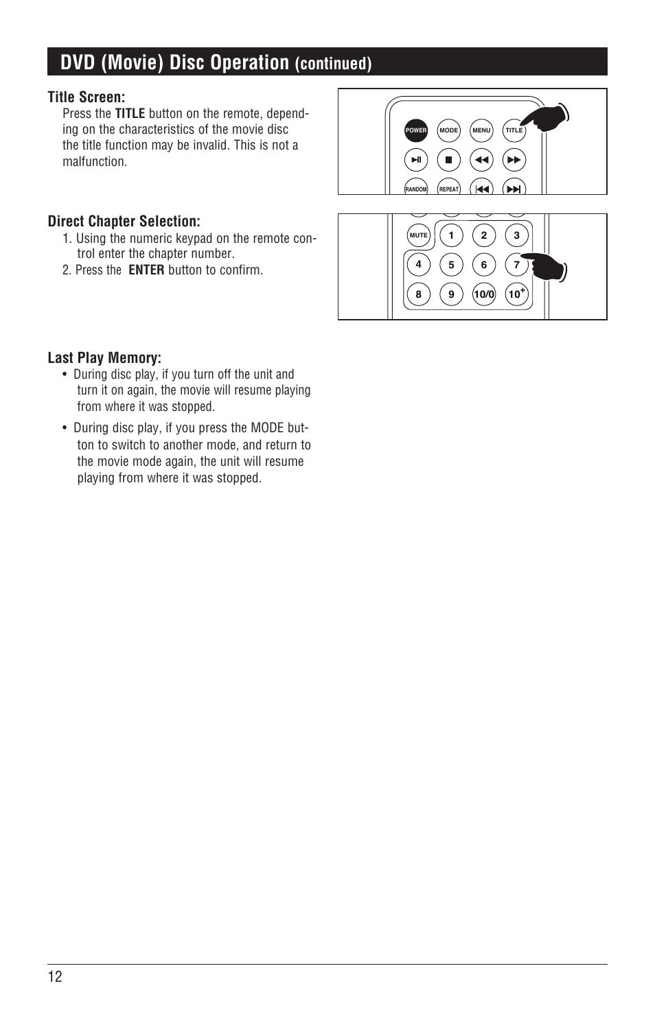 Dvd (movie) disc operation, Continued), Title screen | Direct chapter selection | Magnadyne DVD/CD Receiver with AM/FM Tuner M3500DVD User Manual | Page 12 / 20
