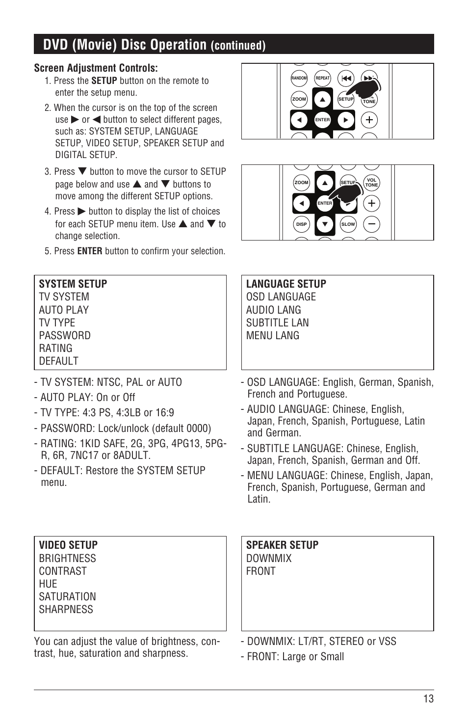 Dvd (movie) disc operation, Continued) | Magnadyne DVD/CD Receiver with AM/FM Tuner M3500DVD User Manual | Page 13 / 20