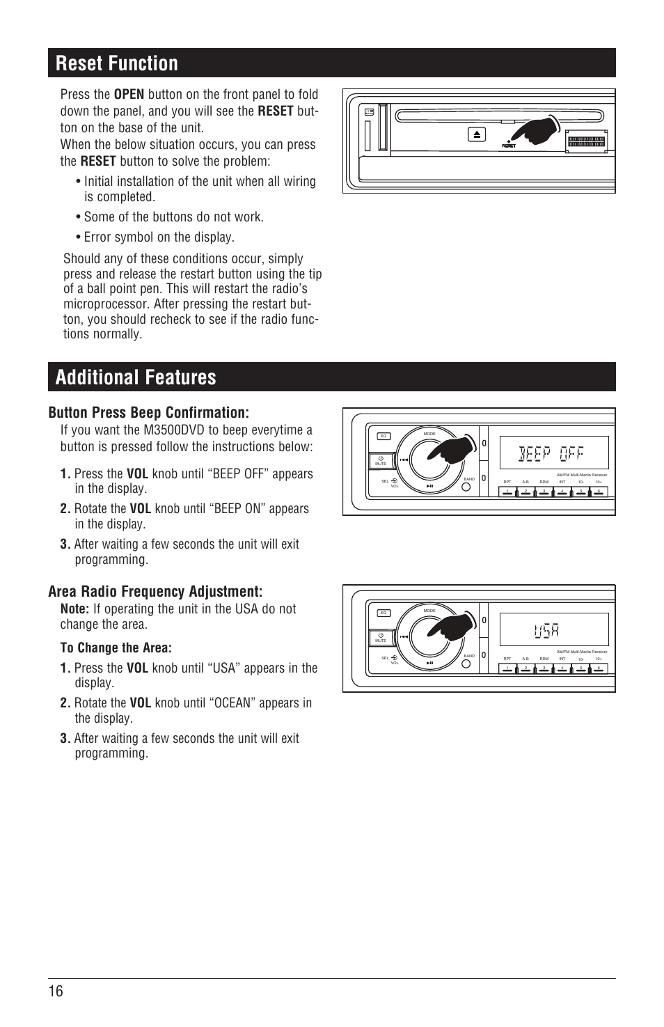 Reset function additional features, Button press beep confirmation, Area radio frequency adjustment | Magnadyne DVD/CD Receiver with AM/FM Tuner M3500DVD User Manual | Page 16 / 20