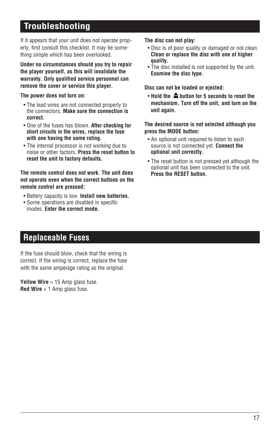 Troubleshooting, Replaceable fuses | Magnadyne DVD/CD Receiver with AM/FM Tuner M3500DVD User Manual | Page 17 / 20