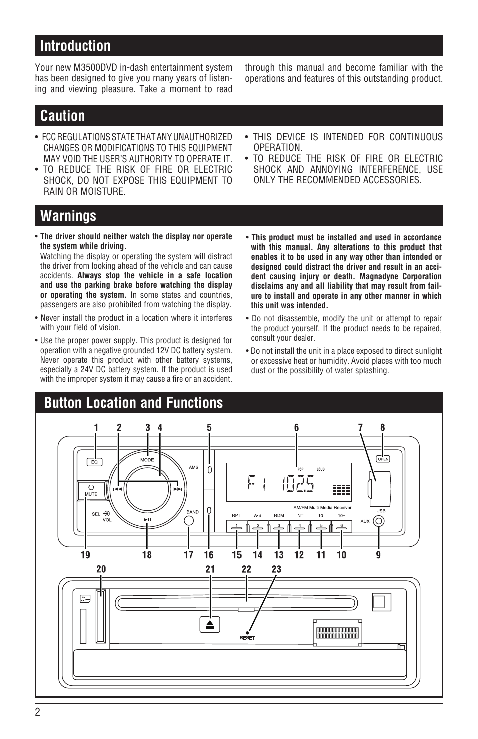 Button location and functions, Introduction, Caution warnings | Magnadyne DVD/CD Receiver with AM/FM Tuner M3500DVD User Manual | Page 2 / 20