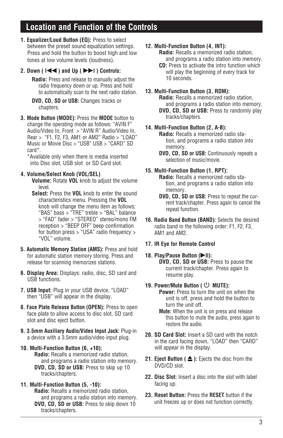 Location and function of the controls | Magnadyne DVD/CD Receiver with AM/FM Tuner M3500DVD User Manual | Page 3 / 20