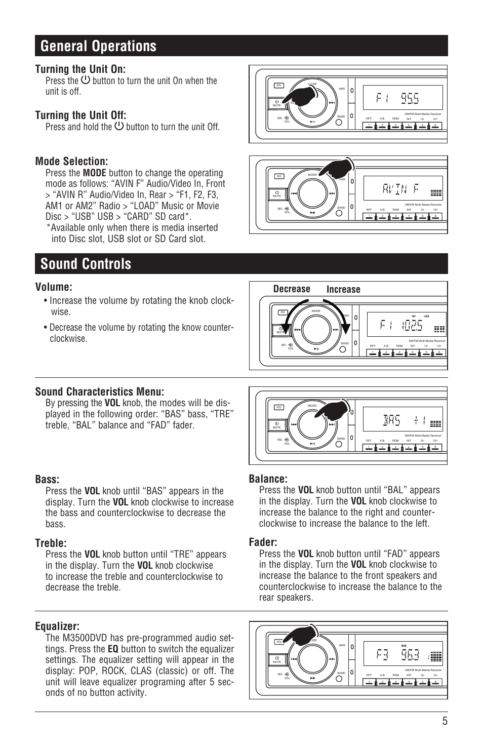 General operations, Sound controls, Turning the unit on | Turning the unit off, Mode selection, Volume, Sound characteristics menu, Bass, Treble, Balance | Magnadyne DVD/CD Receiver with AM/FM Tuner M3500DVD User Manual | Page 5 / 20