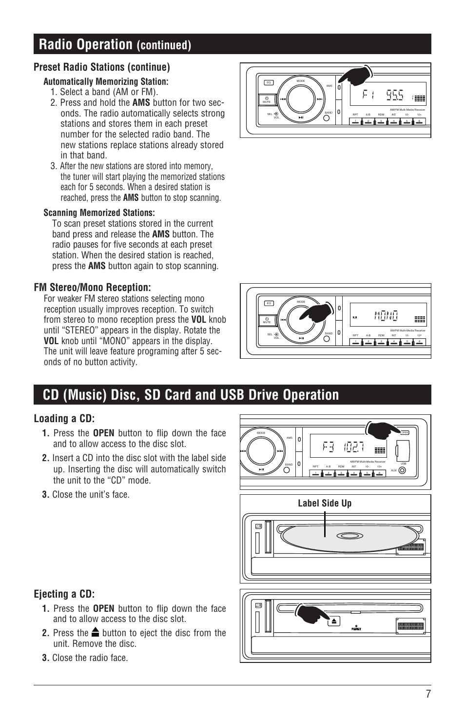 Radio operation, Cd (music) disc, sd card and usb drive operation, Continued) | Fm stereo/mono reception, Preset radio stations (continue), Loading a cd, Ejecting a cd | Magnadyne DVD/CD Receiver with AM/FM Tuner M3500DVD User Manual | Page 7 / 20