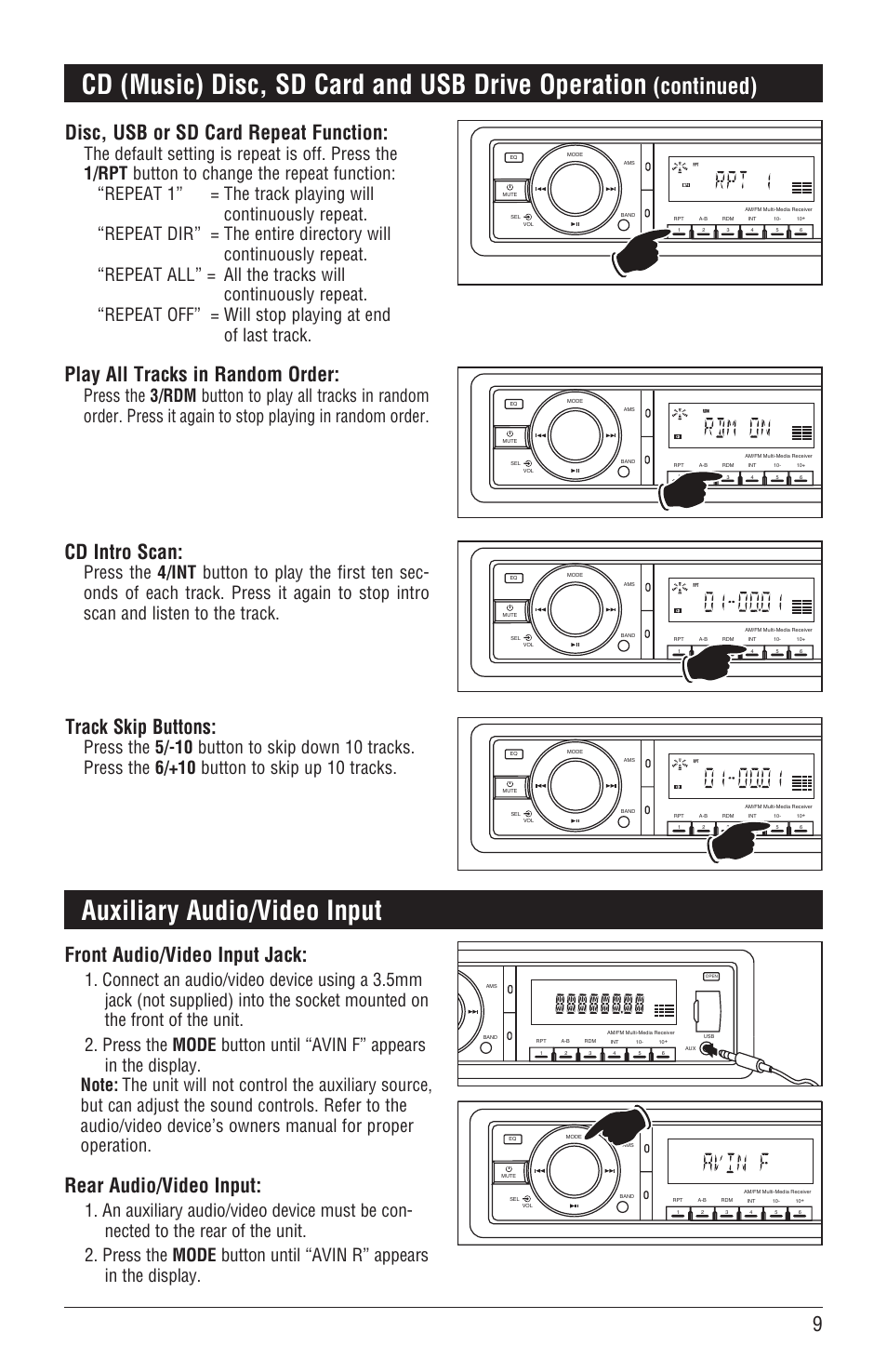 Cd (music) disc, sd card and usb drive operation, Auxiliary audio/video input, Continued) | Front audio/video input jack, Rear audio/video input, Play all tracks in random order, Cd intro scan, Track skip buttons, Disc, usb or sd card repeat function | Magnadyne DVD/CD Receiver with AM/FM Tuner M3500DVD User Manual | Page 9 / 20