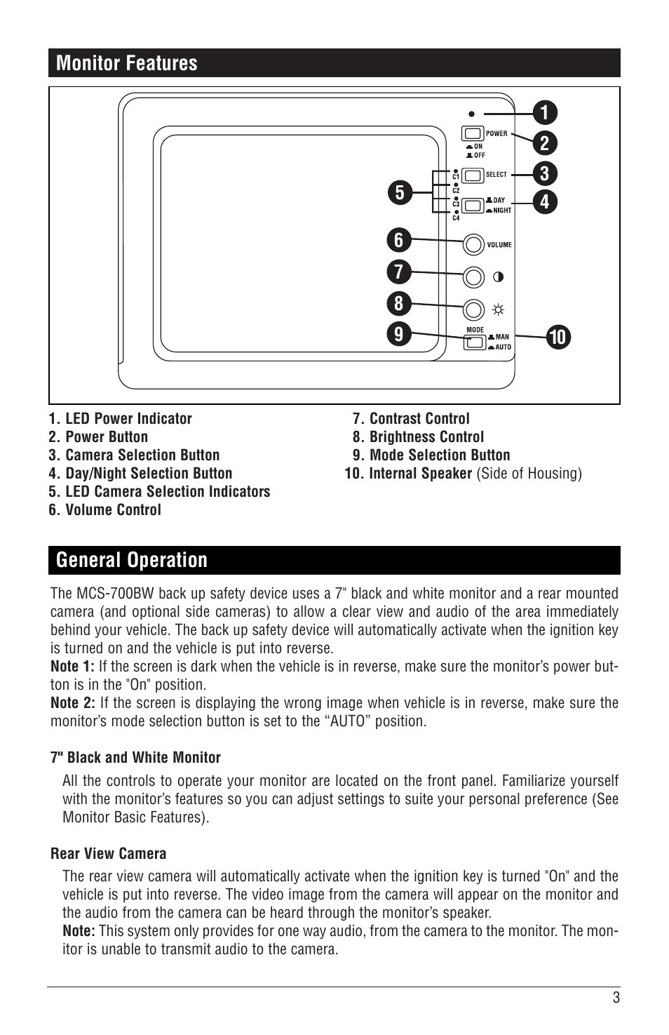 Monitor features, General operation | Magnadyne MCS-700BW User Manual | Page 3 / 8