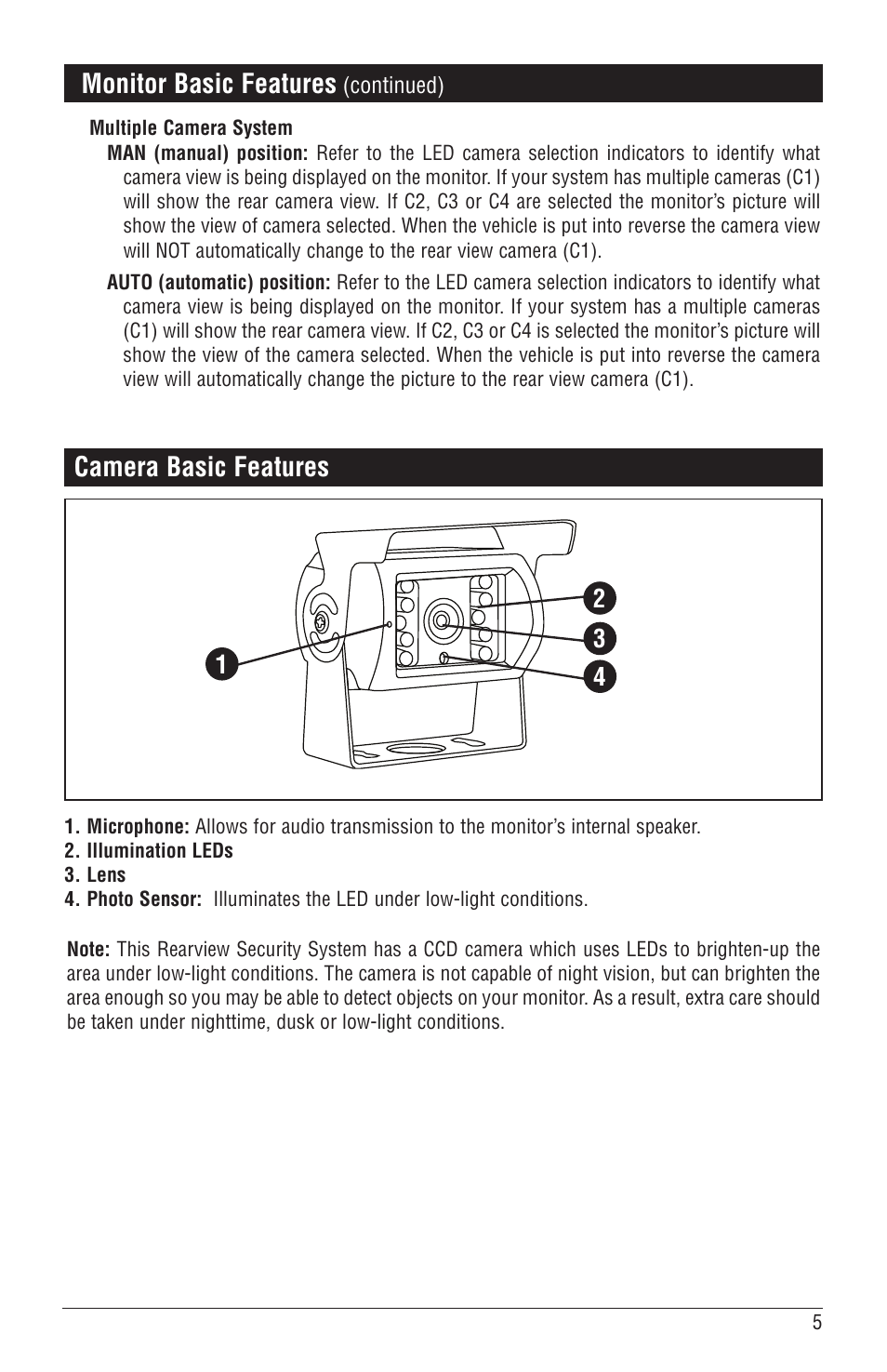 Monitor basic features, Camera basic features | Magnadyne MCS-700BW User Manual | Page 5 / 8