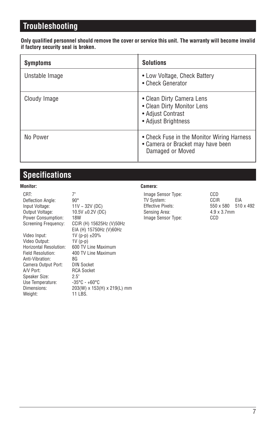 Specifications, Troubleshooting | Magnadyne MCS-700BW User Manual | Page 7 / 8
