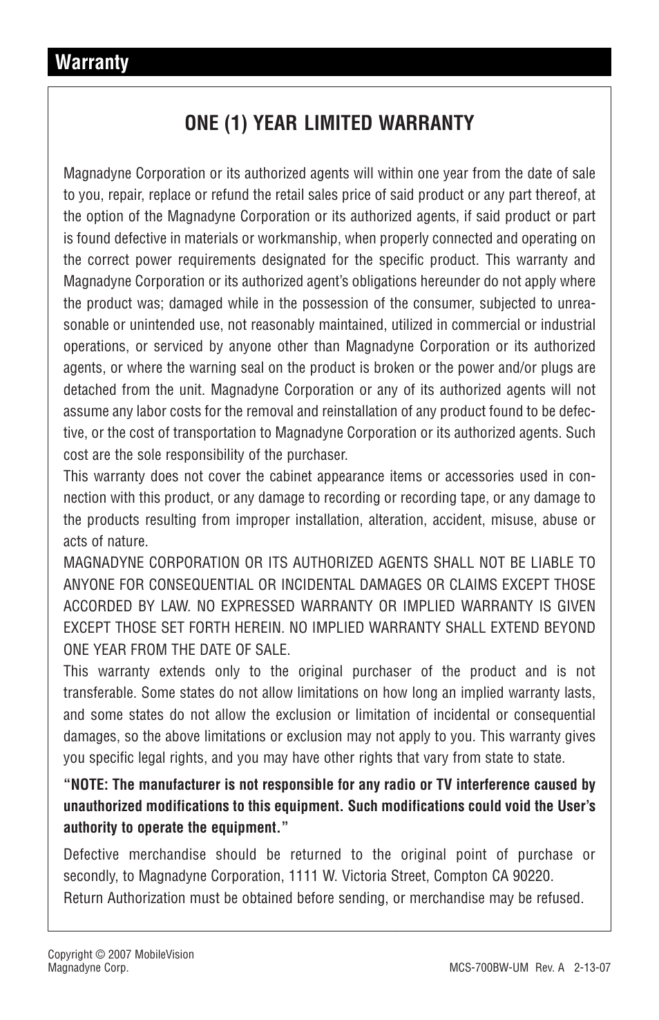 Warranty one (1) year limited warranty | Magnadyne MCS-700BW User Manual | Page 8 / 8