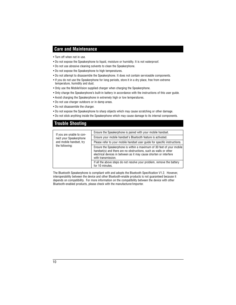 Care and maintenance, Trouble shooting | Magnadyne Bluetooth Wireless Hands Free Kit Speakerphone BT-HFKP30 User Manual | Page 10 / 12