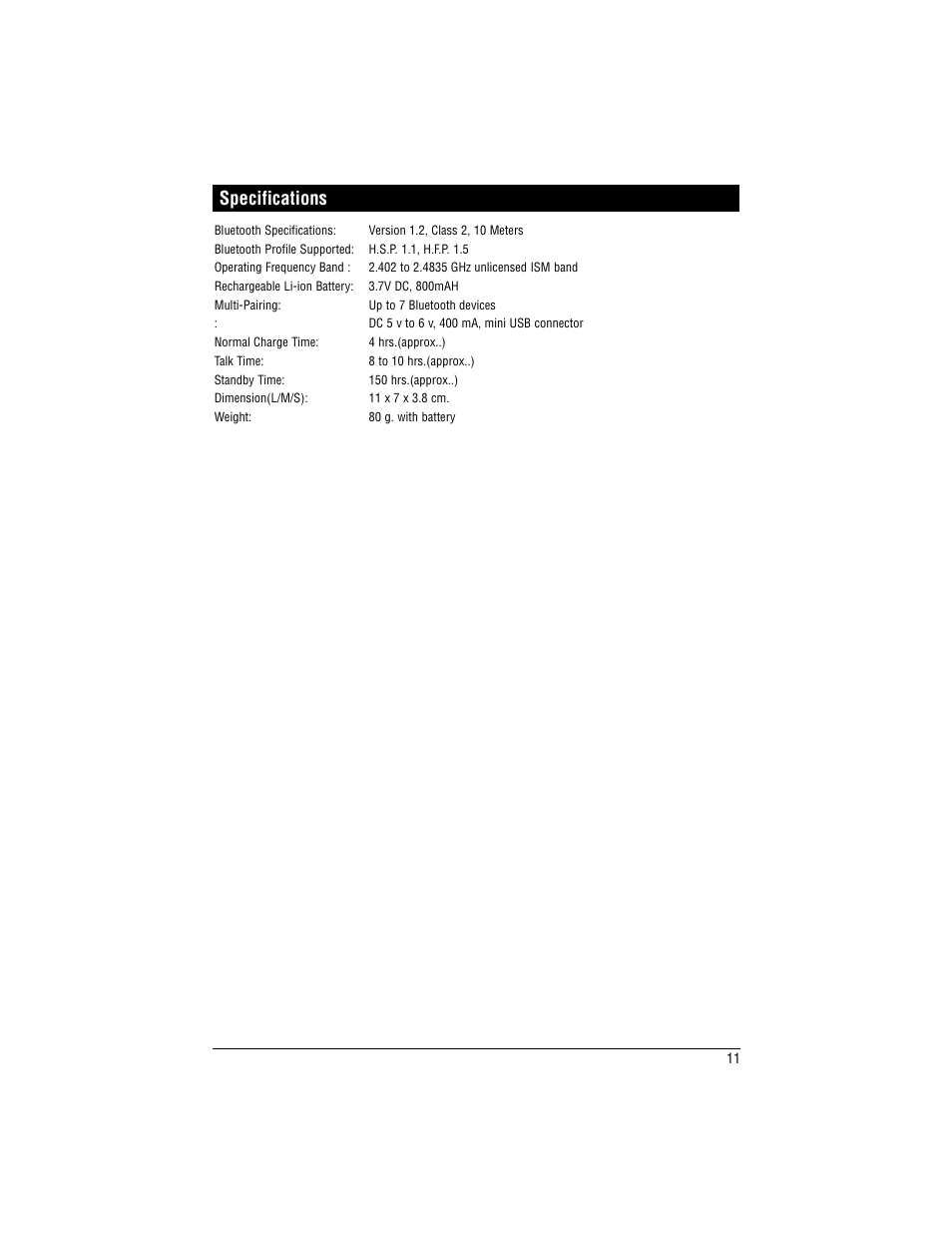 Specifications | Magnadyne Bluetooth Wireless Hands Free Kit Speakerphone BT-HFKP30 User Manual | Page 11 / 12