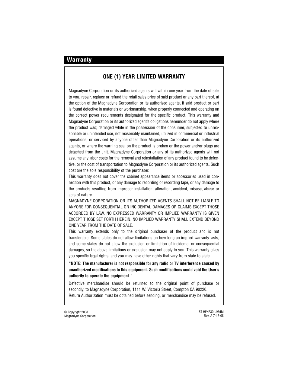 Warranty one (1) year limited warranty | Magnadyne Bluetooth Wireless Hands Free Kit Speakerphone BT-HFKP30 User Manual | Page 12 / 12