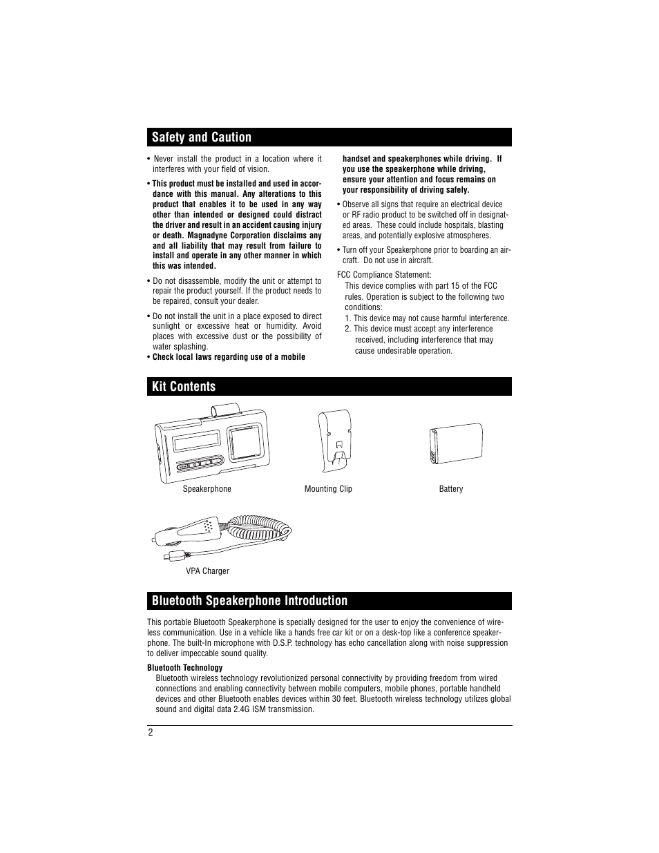 Kit contents | Magnadyne Bluetooth Wireless Hands Free Kit Speakerphone BT-HFKP30 User Manual | Page 2 / 12