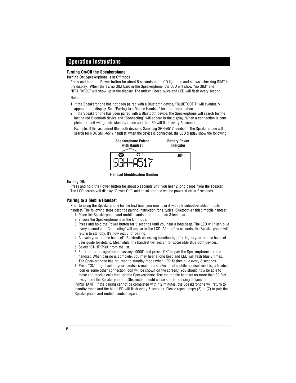 Operation instructions | Magnadyne Bluetooth Wireless Hands Free Kit Speakerphone BT-HFKP30 User Manual | Page 6 / 12
