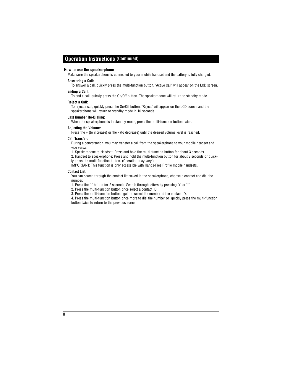 Operation instructions | Magnadyne Bluetooth Wireless Hands Free Kit Speakerphone BT-HFKP30 User Manual | Page 8 / 12