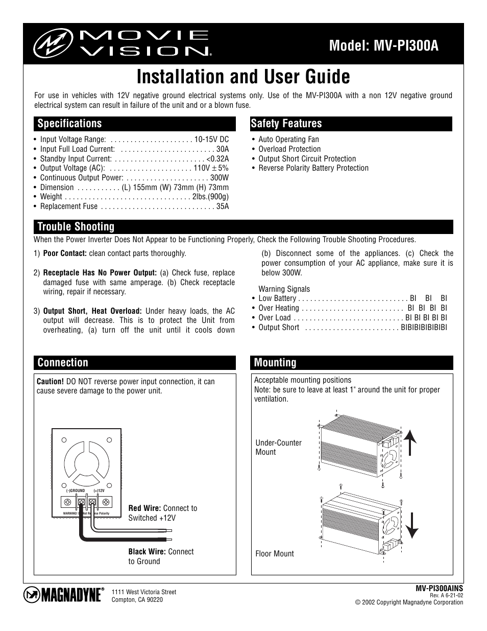 Magnadyne MV-PI300A User Manual | 1 page