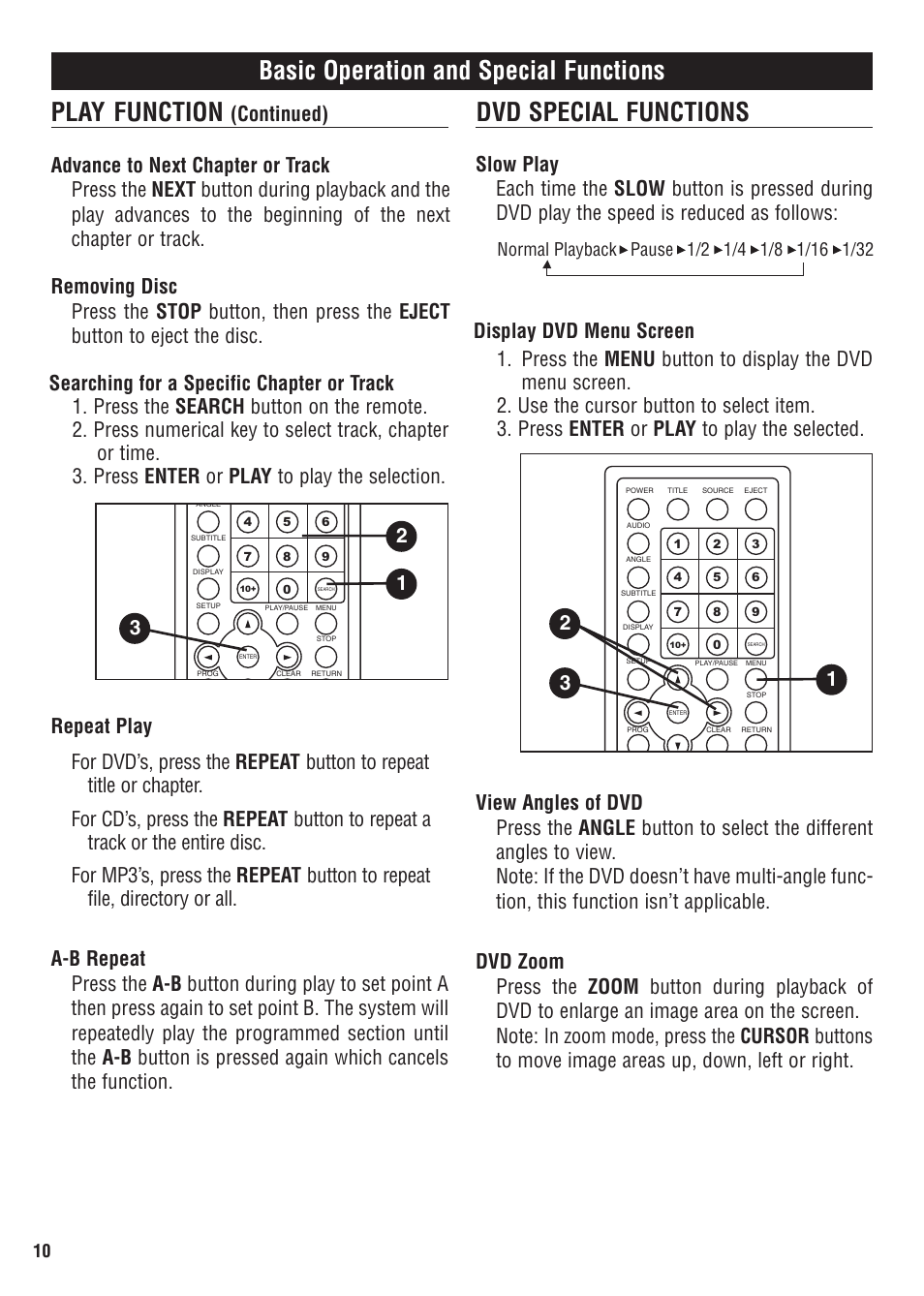 Basic operation and special functions, Play function, Dvd special functions | Continued) | Magnadyne MV1020 User Manual | Page 10 / 20