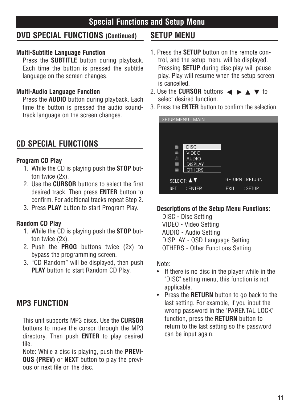Cd special functions, Setup menu, Mp3 function | Magnadyne MV1020 User Manual | Page 11 / 20