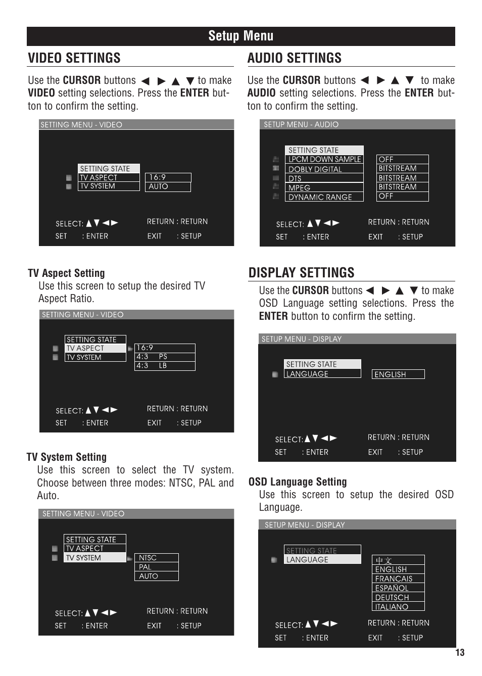 Setup menu video settings, Audio settings, Display settings | Magnadyne MV1020 User Manual | Page 13 / 20