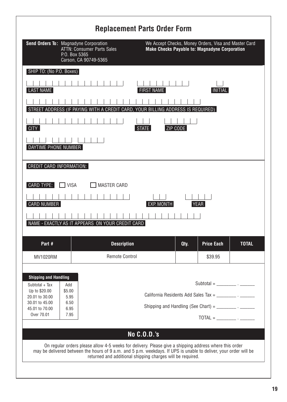 Replacement parts order form, No c.o.d.’s | Magnadyne MV1020 User Manual | Page 19 / 20